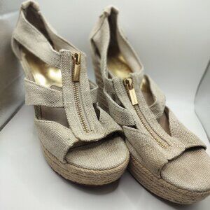 MICHAEL Michael Kors Beige Canvas Espadrille Wedge Zip Sandals Size 7